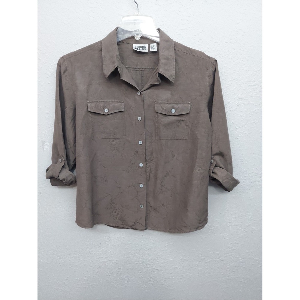 Chicos Design Shirt Womens sz 2 Brown Button Up SILK LINEN Roll Tab Embroidered